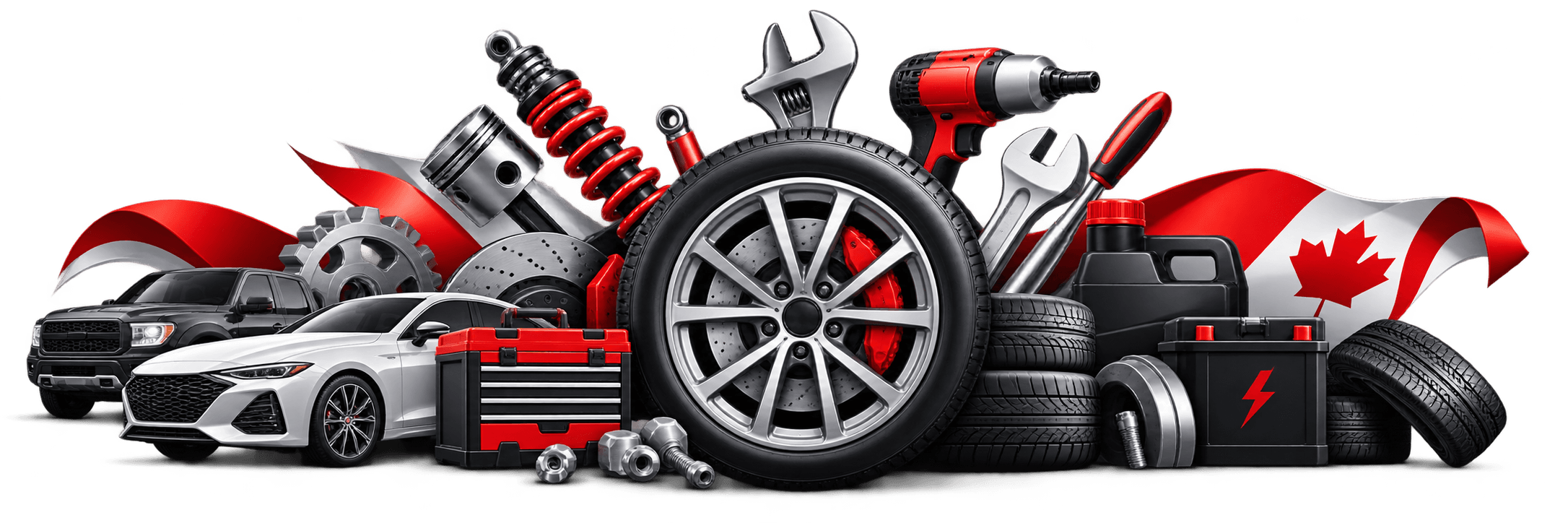 Cars, tyres, tools and parts in front of a Canadian flag